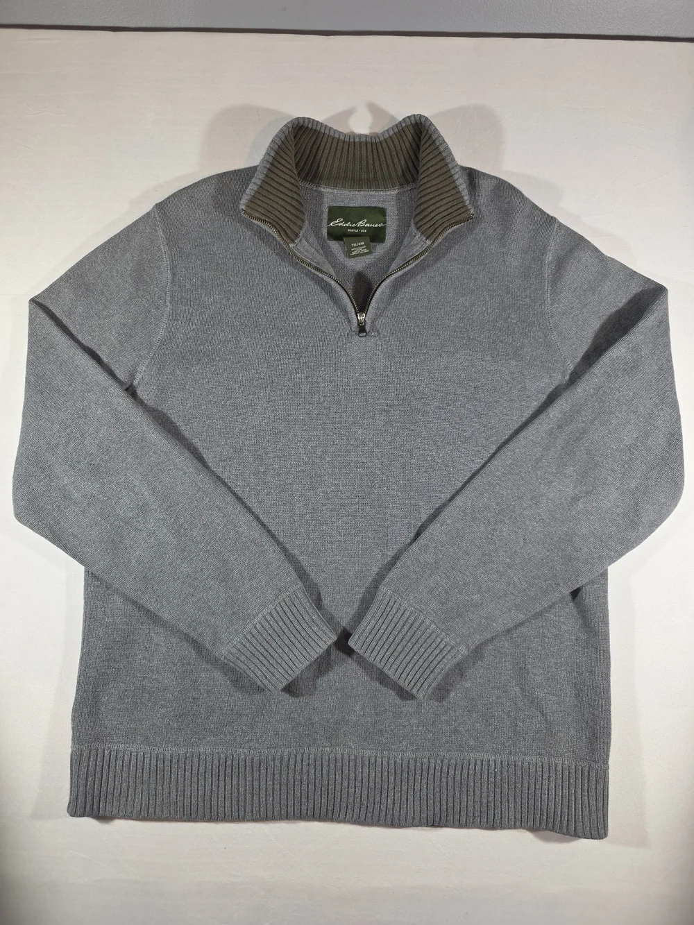 Eddie Bauer Gray Zip-Neck Sweater with Olive Trim